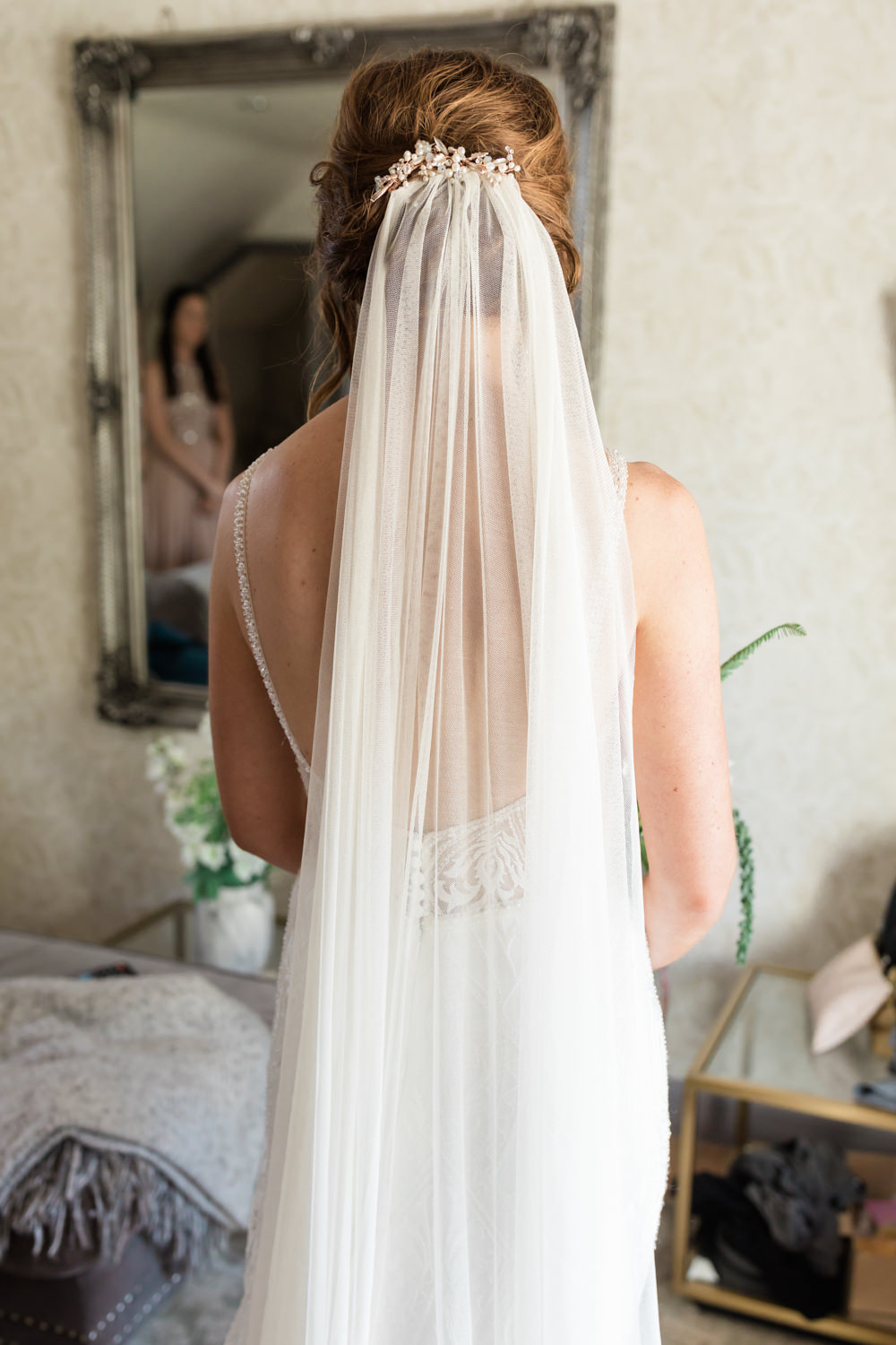 Dress Gown Bride Bridal Kenneth Winston Low Back Veil Doxford Barns Wedding Lara Frost Photography