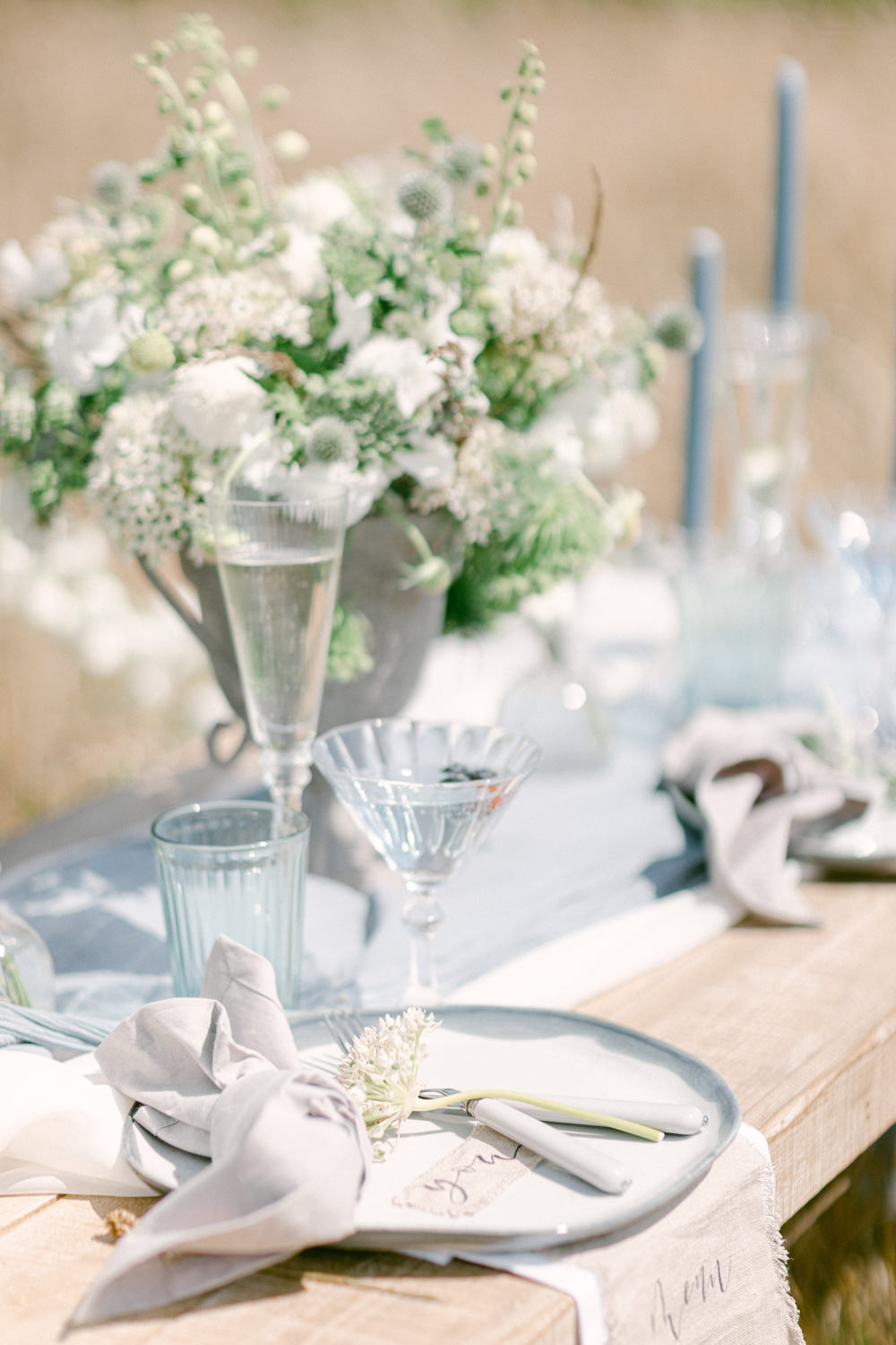 Family Elopement Ideas Sophie May Photo Table Tablescape Decor Flowers Candles Blue