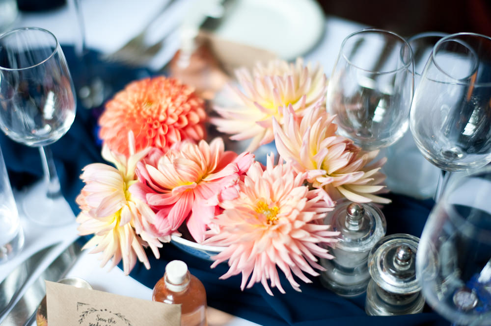 Coral Orange Dahlias Centrepiece Flowers Table Floral Wedding Rachael Connerton Photography