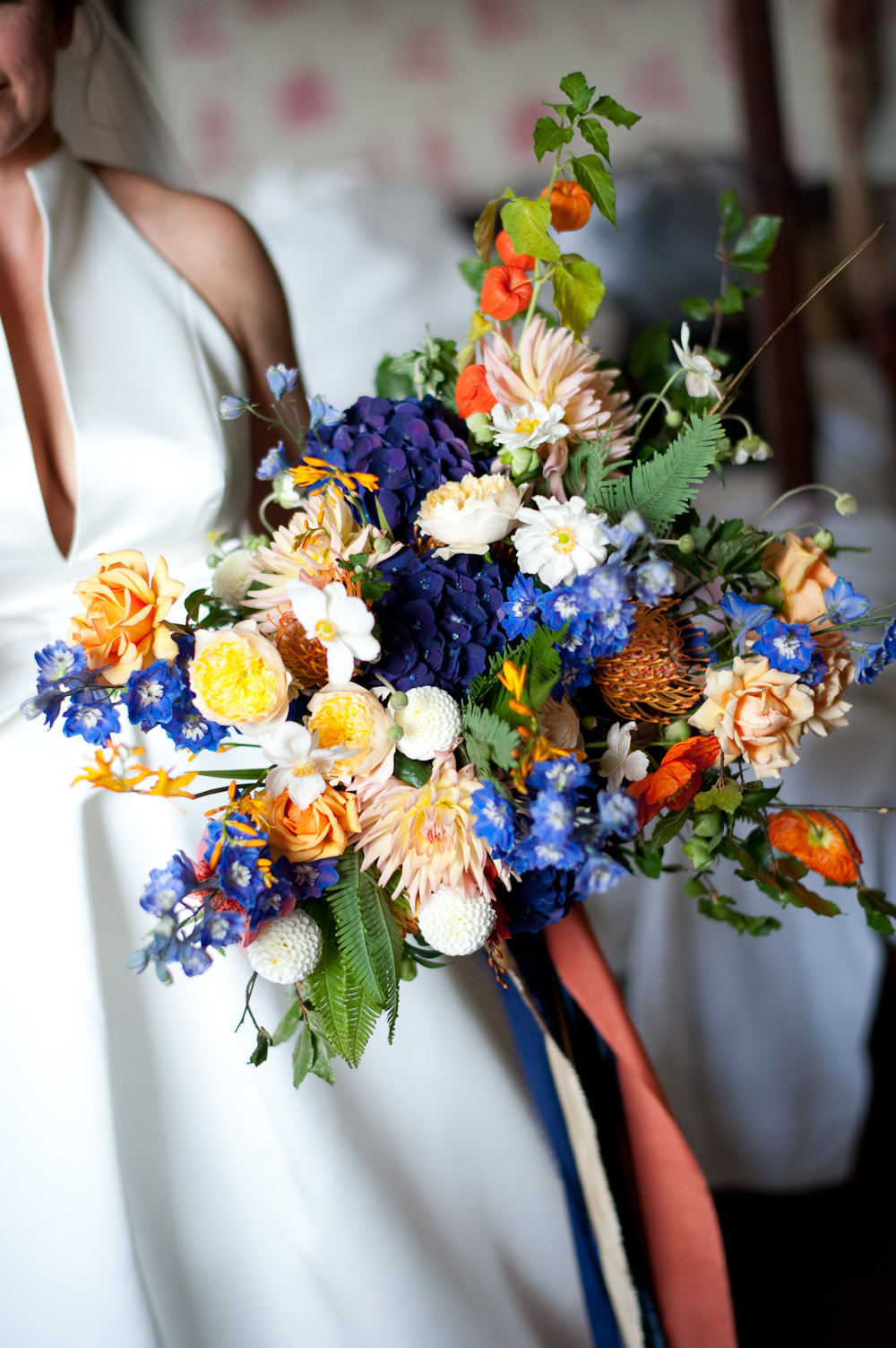 Bouquet Flowers Bride Bridal Colourful Ribbon Orange Blue Delphinium Rose Floral Wedding Rachael Connerton Photography