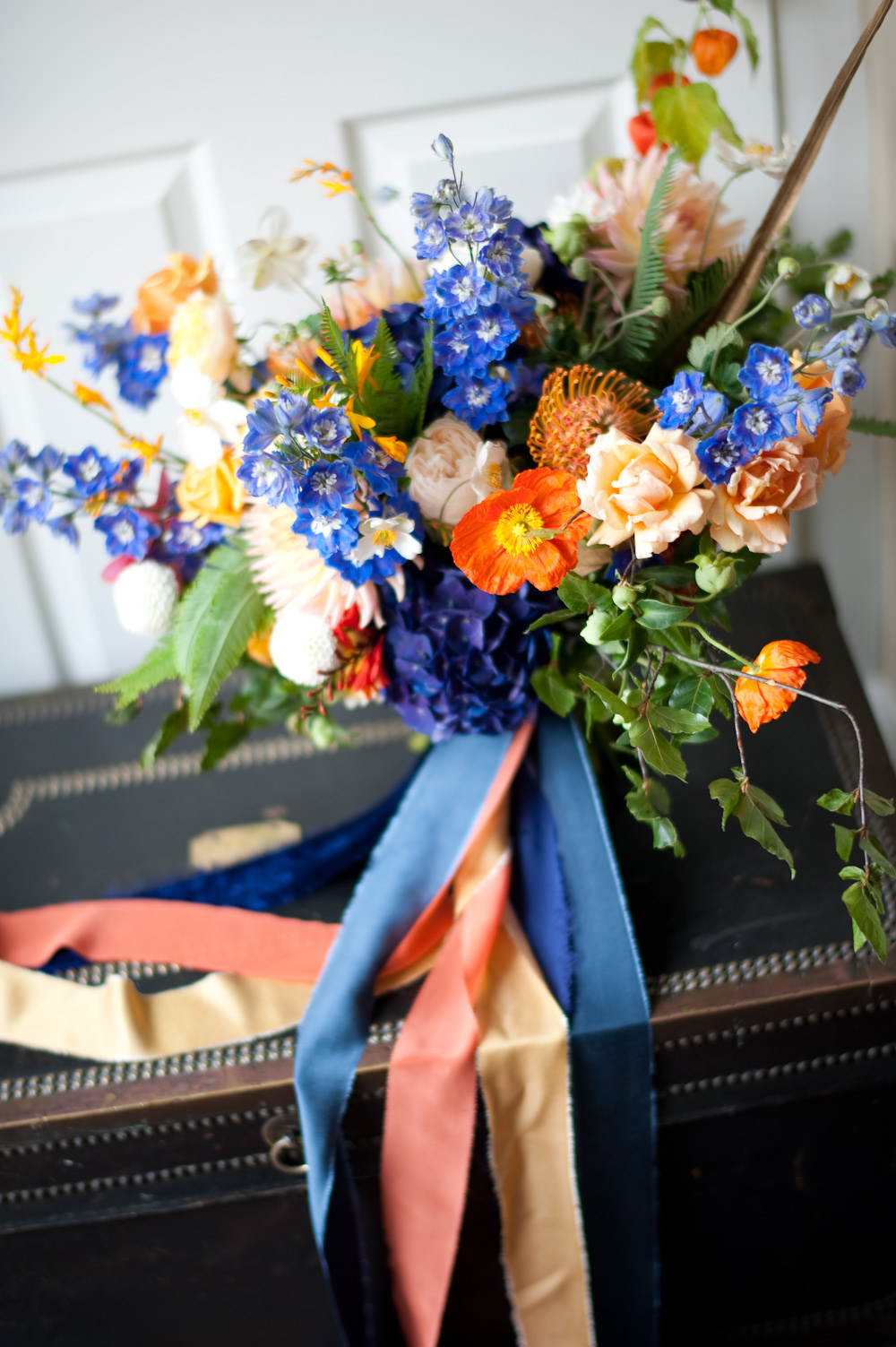 Bouquet Flowers Bride Bridal Colourful Ribbon Orange Blue Delphinium Rose Floral Wedding Rachael Connerton Photography