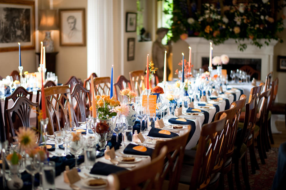 Coral Orange Dahlias Centrepiece Flowers Table Candles Blue Cloth Floral Wedding Rachael Connerton Photography