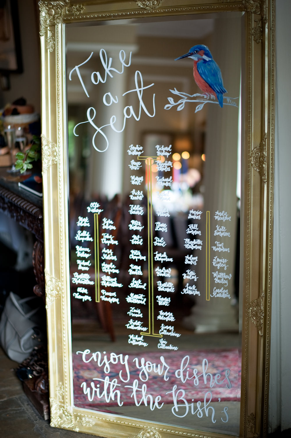 Table Plan Seating Chart Mirror Calligraphy Bird Floral Wedding Rachael Connerton Photography