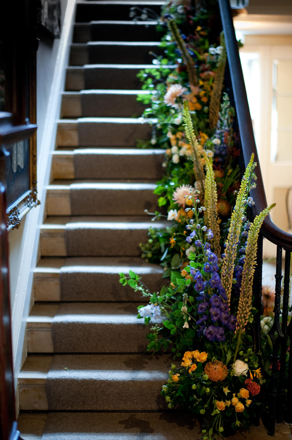 Meadow Flowers Stairs Arrangement Floral Wedding Rachael Connerton Photography