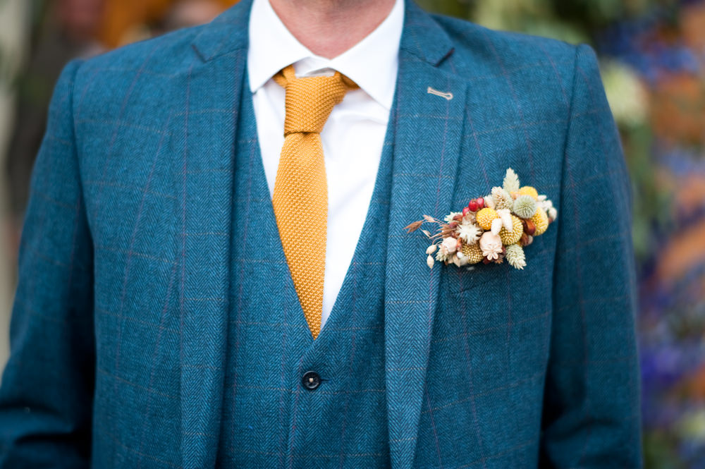 Groom Suit Blue Mustard Tie Buttonhole Flowers Pocket Floral Wedding Rachael Connerton Photography