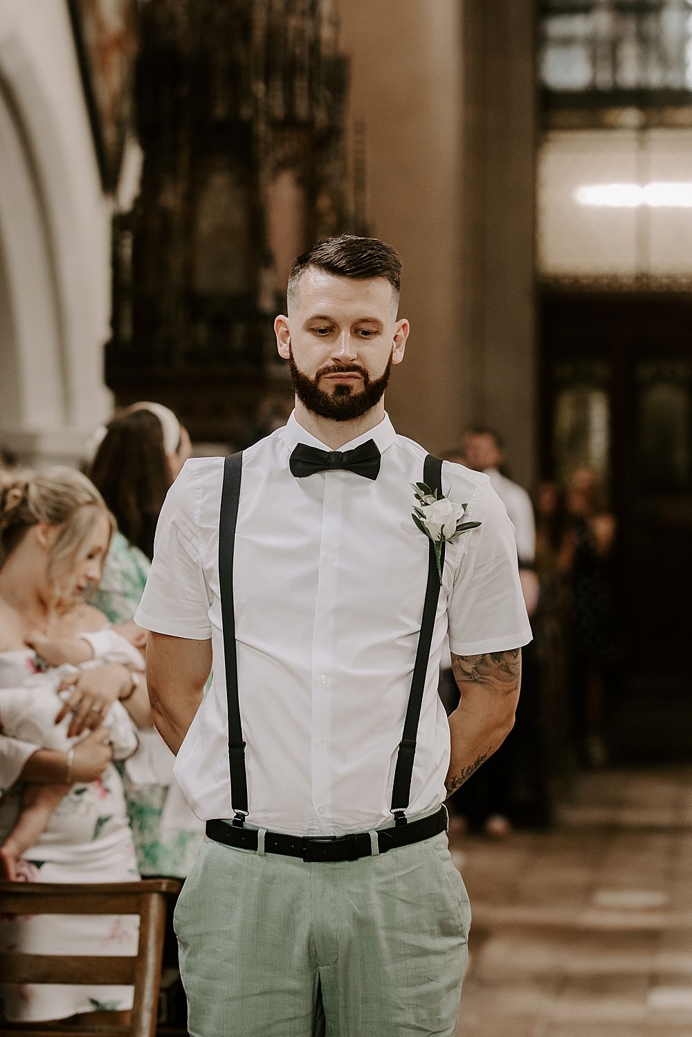 Groom Suit Bow Tie Braces Glevering Hall Wedding Sharon Cudworth Photography