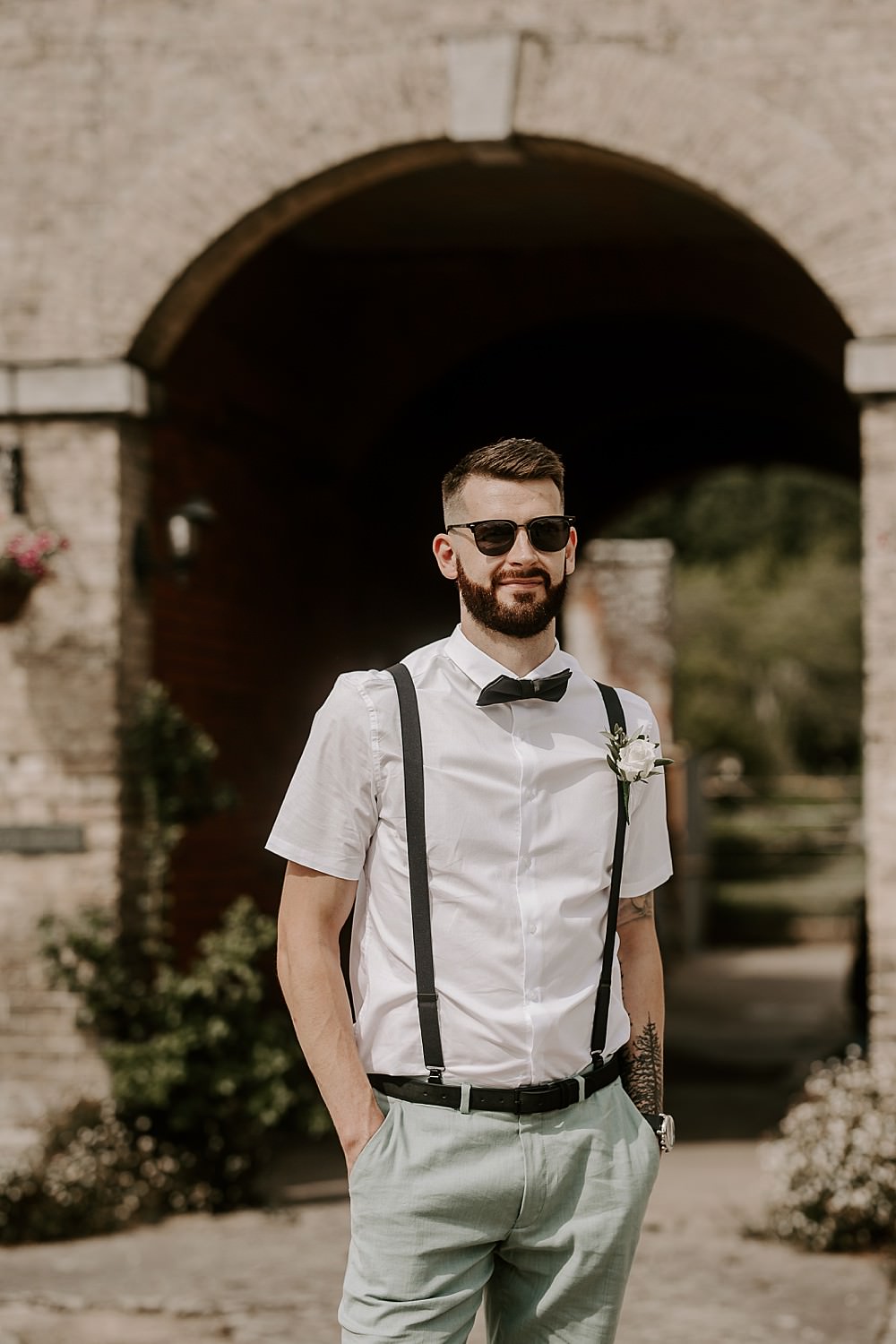 Groom Suit Bow Tie Braces Glevering Hall Wedding Sharon Cudworth Photography