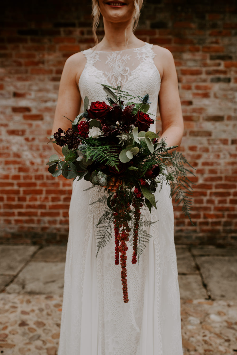 Bouquet Flowers Bride Bridal Greenery Foliage Red Burgundy Rose Trailing Hazel Gap Barn Wedding The Light Painters