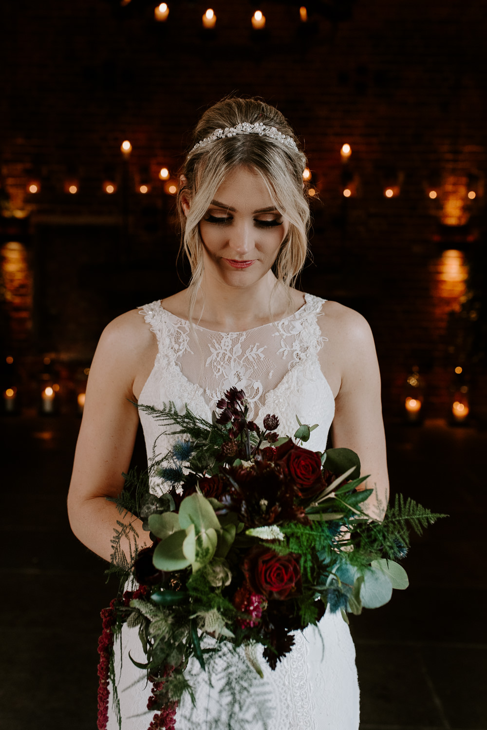 Bouquet Flowers Bride Bridal Greenery Foliage Red Burgundy Rose Trailing Hazel Gap Barn Wedding The Light Painters