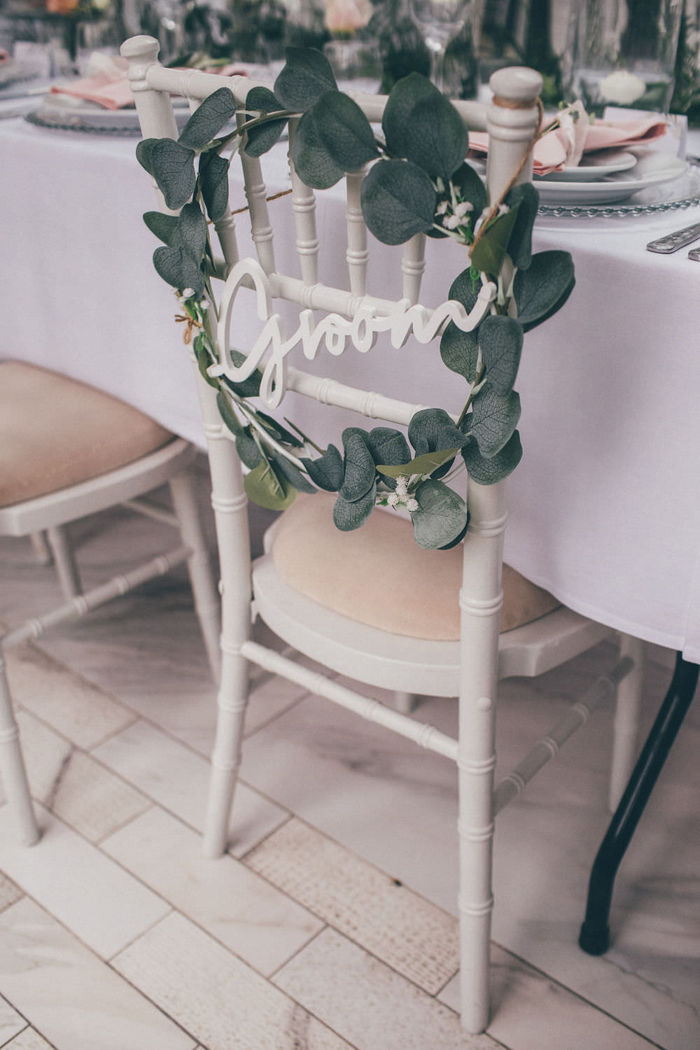 Chair Flowers Wreath Greenery Lemore Manor Wedding Helen Jane Smiddy Photography