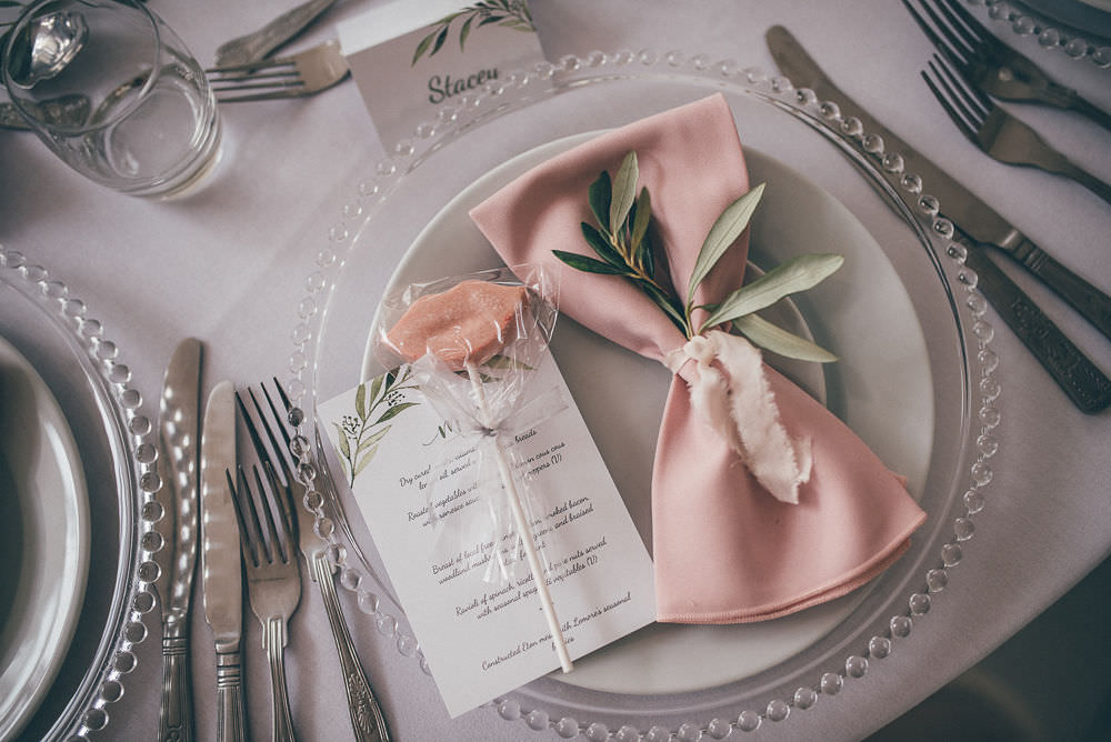 Place Setting Pink Napkin Lemore Manor Wedding Helen Jane Smiddy Photography