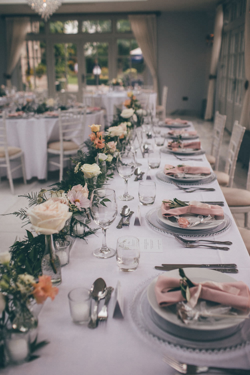 Top Table Flowers Pink Ivory Garland Lemore Manor Wedding Helen Jane Smiddy Photography