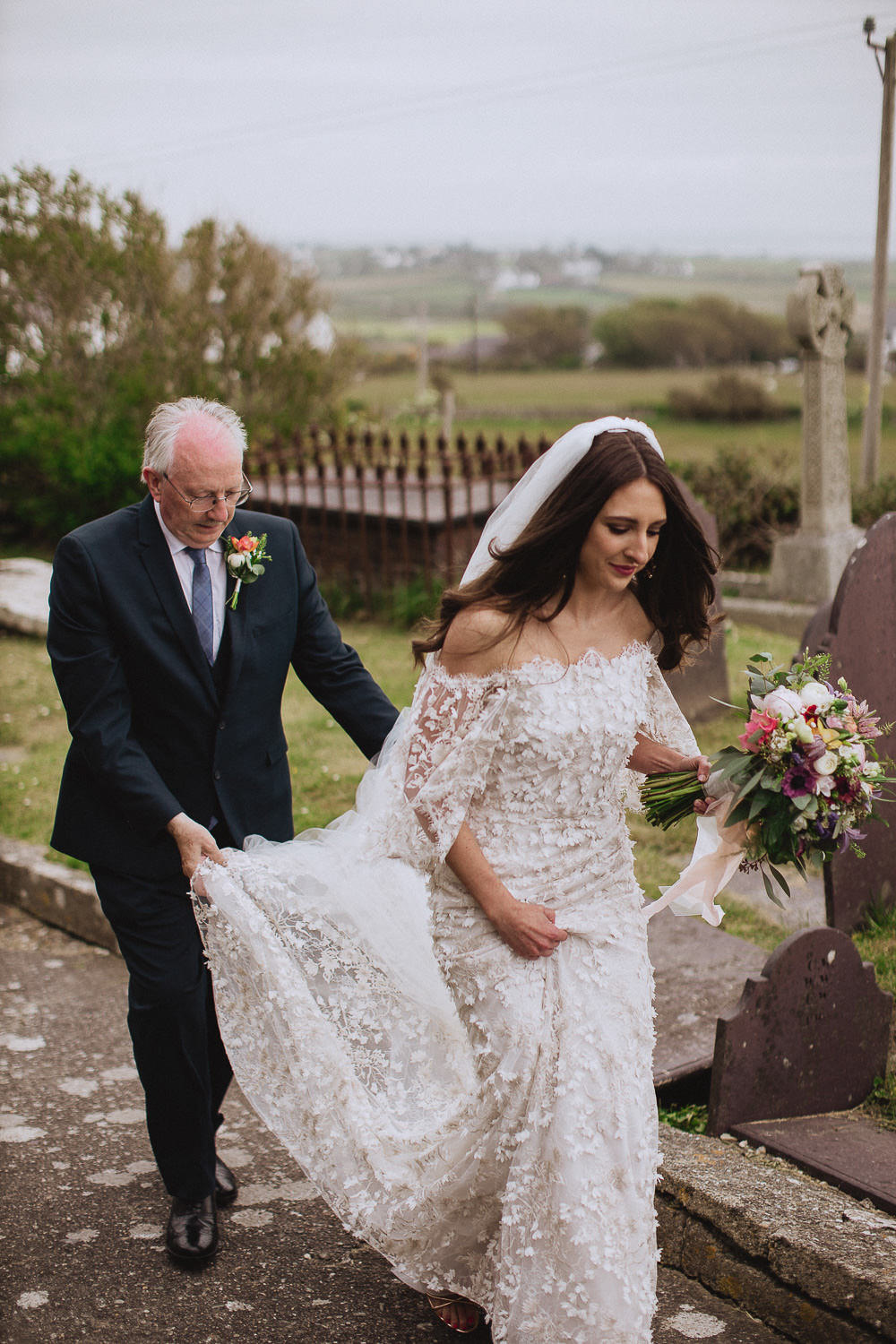 Bride Bridal Dress Gown Marchesa Applique Texture Veil Marquee Wedding Wales Fox & Bear Photography