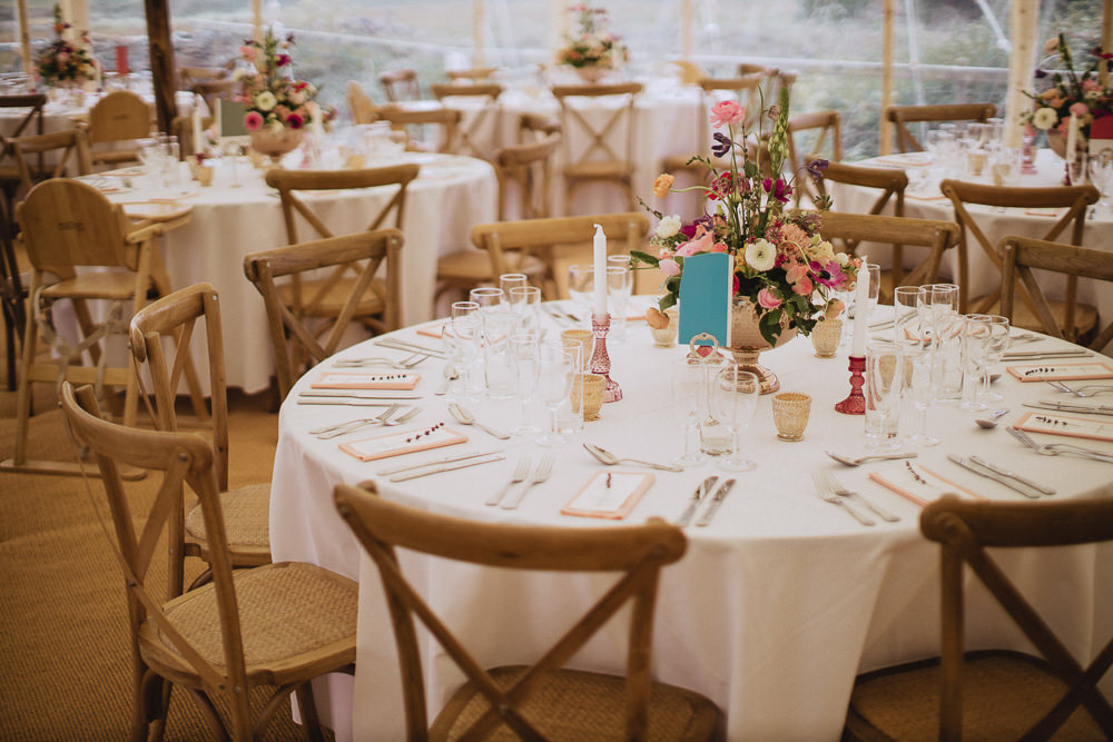 Round Tables Cross Back Chairs Marquee Wedding Wales Fox & Bear Photography