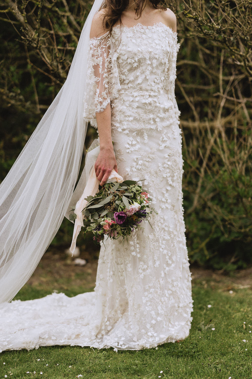 Bride Bridal Dress Gown Marchesa Applique Texture Veil Marquee Wedding Wales Fox & Bear Photography