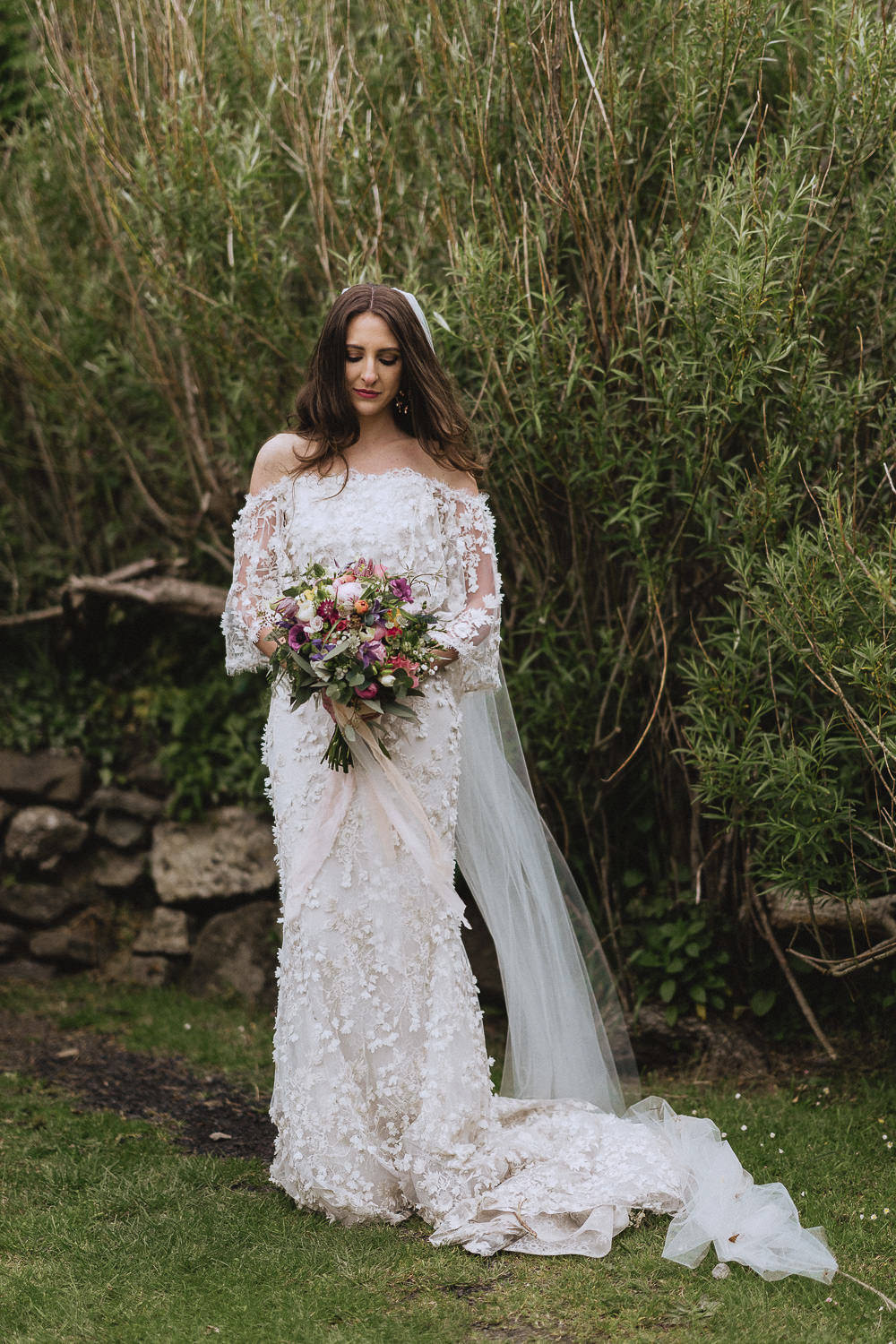 Bride Bridal Dress Gown Marchesa Applique Texture Veil Marquee Wedding Wales Fox & Bear Photography