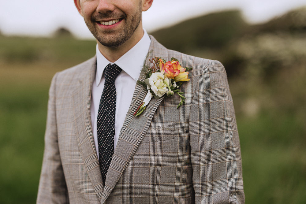 Groom Suit Grey Check Tie Buttonhole Marquee Wedding Wales Fox & Bear Photography