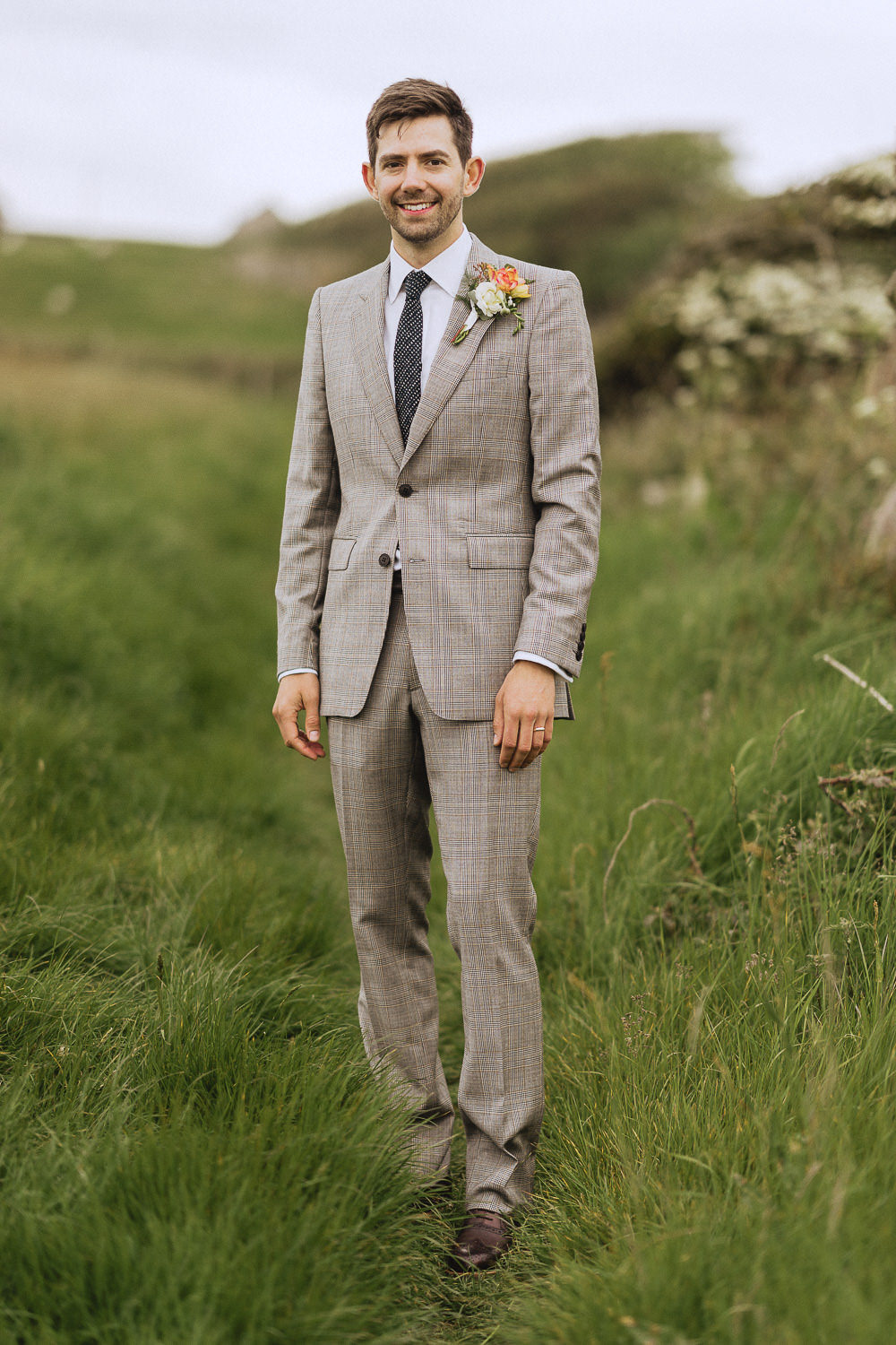 Groom Suit Grey Check Tie Marquee Wedding Wales Fox & Bear Photography