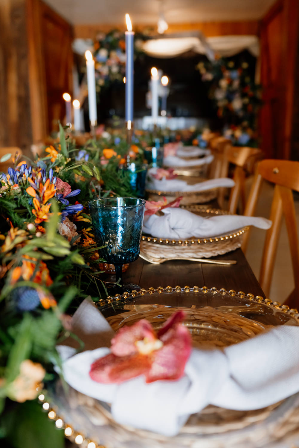 Table Decor Tablescape Candles Flowers Orange Blue Wedding Steph Kiely Photography