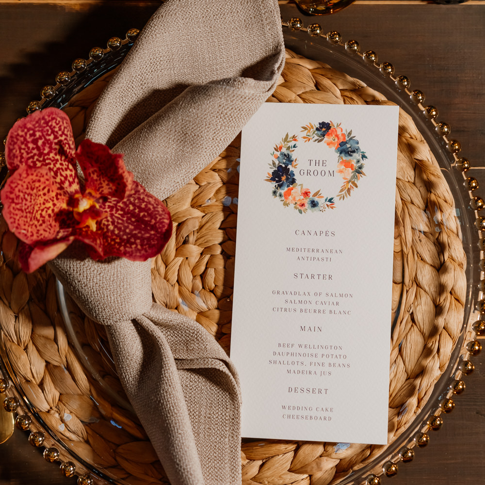 Napkin Knot Orchid Place Setting Decor Orange Blue Wedding Steph Kiely Photography