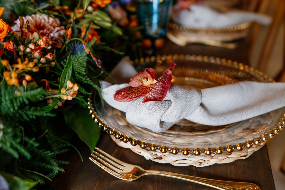 Napkin Knot Orchid Place Setting Decor Orange Blue Wedding Steph Kiely Photography