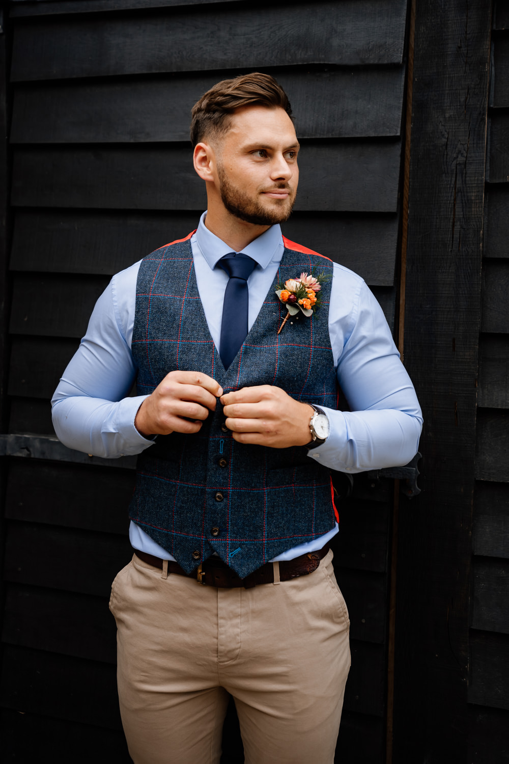 Groom Suit Waistcoat Chinos Tie Orange Blue Wedding Steph Kiely Photography