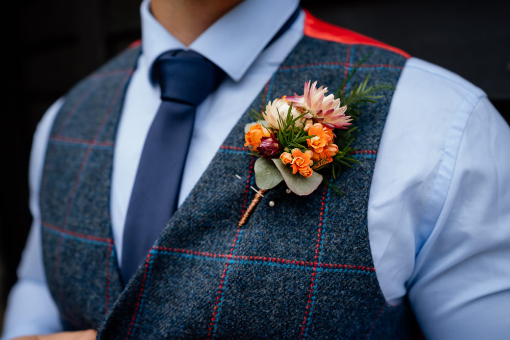 Groom Buttonhole Flowers Orange Blue Wedding Steph Kiely Photography