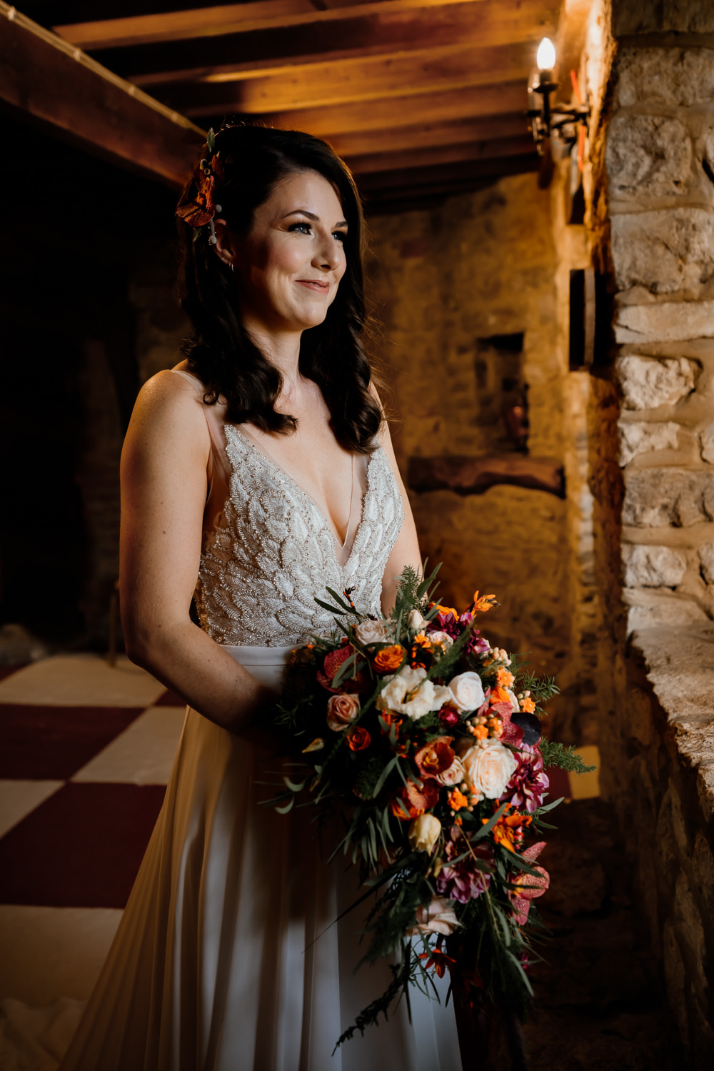 Bride Bridal Dress Gown Justin Alexander Straps Train Orange Blue Wedding Steph Kiely Photography