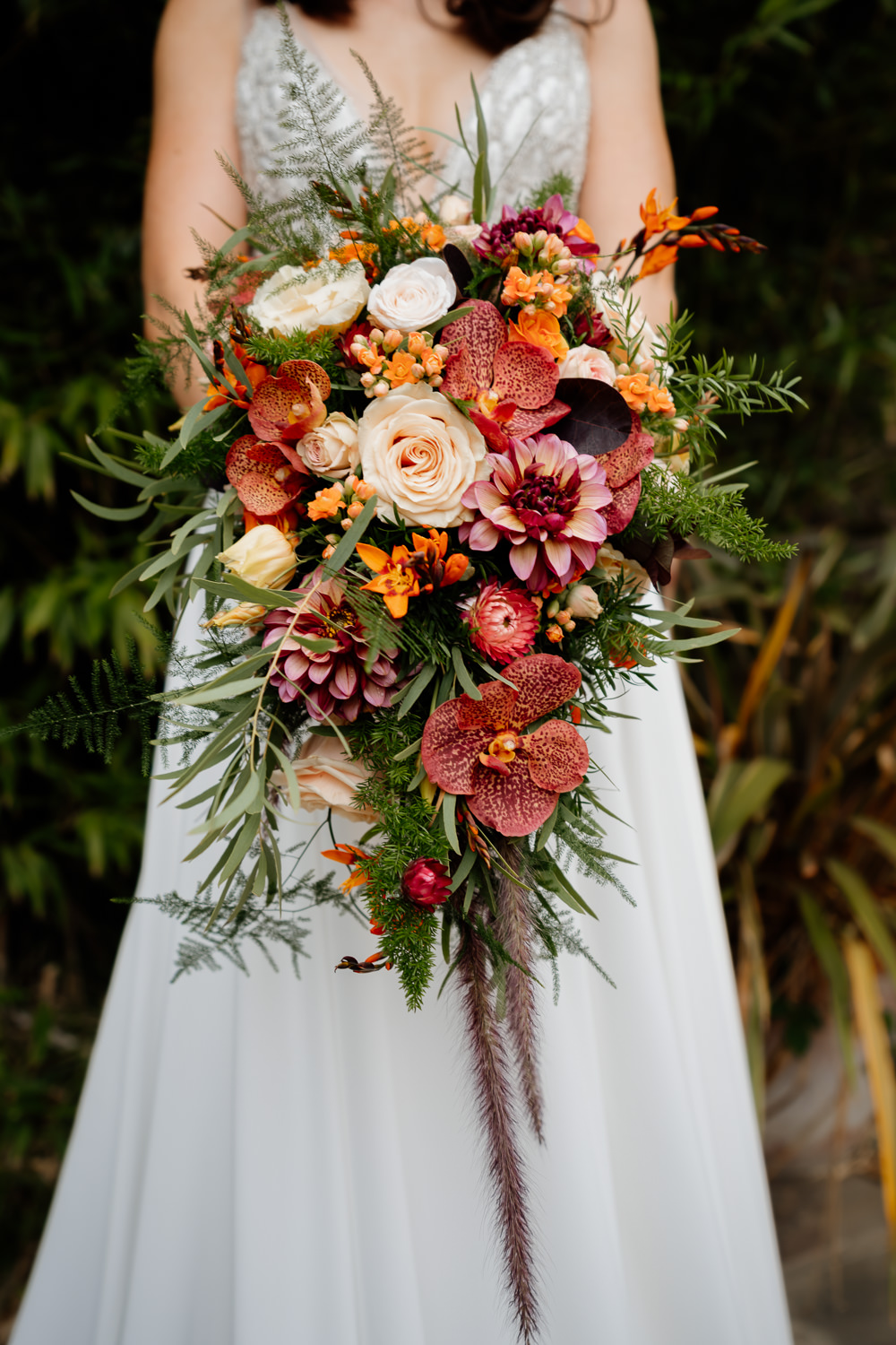 Bouquet Flowers Bride Bridal Orchid Dahlia Rose Orange Blue Wedding Steph Kiely Photography