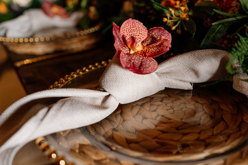 Napkin Knot Orchid Place Setting Decor Orange Blue Wedding Steph Kiely Photography
