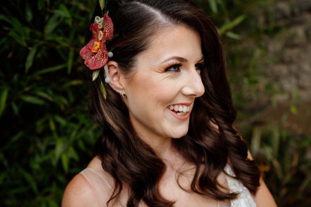 Bride Bridal Make Up Hair Side Flower Waves Orange Blue Wedding Steph Kiely Photography