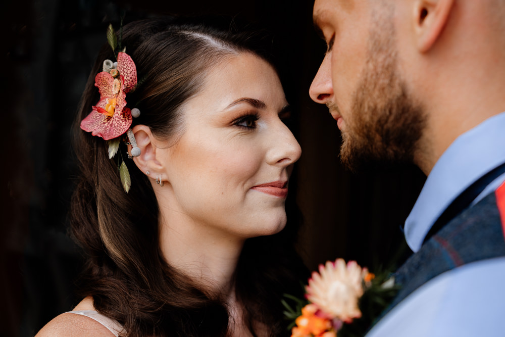 Bride Bridal Make Up Hair Side Flower Waves Orange Blue Wedding Steph Kiely Photography