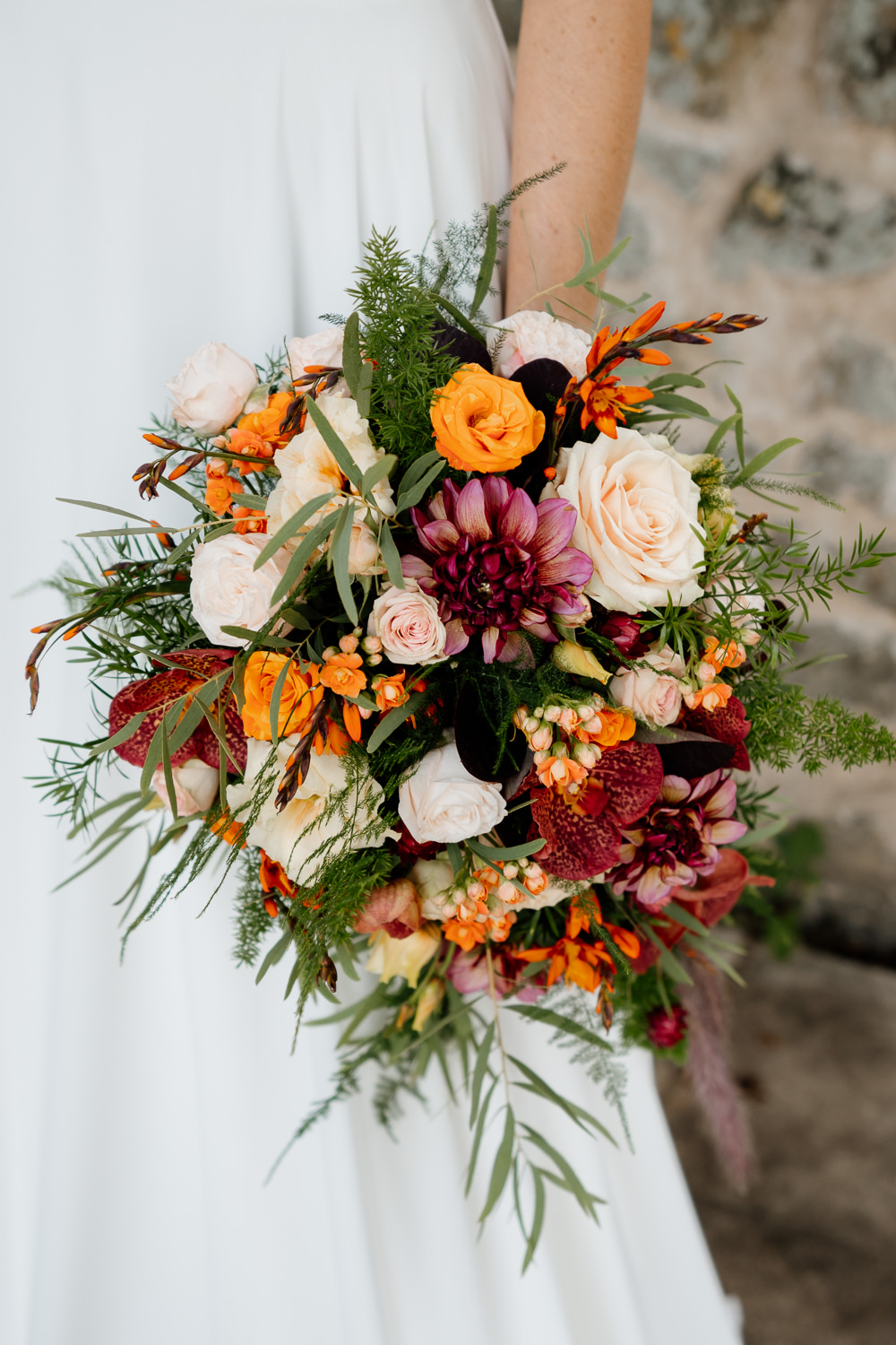 Bouquet Flowers Bride Bridal Orchid Dahlia Rose Orange Blue Wedding Steph Kiely Photography