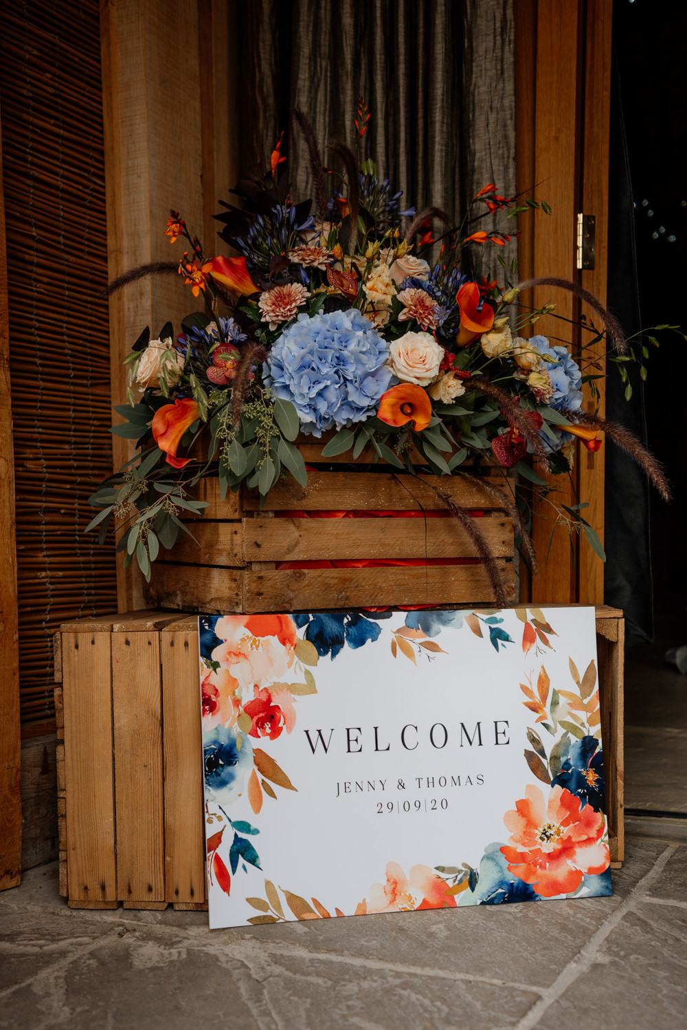 Welcome Sign Painted Flowers Crate Flowers Orange Blue Wedding Steph Kiely Photography