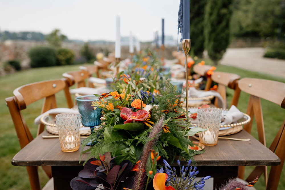 Table Decor Tablescape Candles Flowers Orange Blue Wedding Steph Kiely Photography