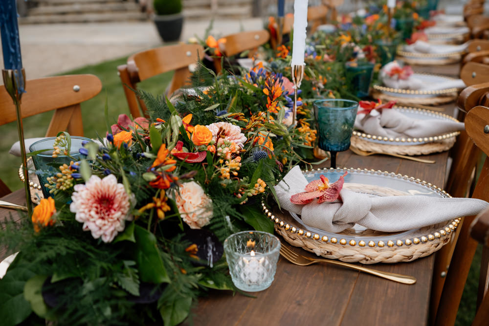 Table Decor Tablescape Candles Flowers Garland Runner Orange Blue Wedding Steph Kiely Photography