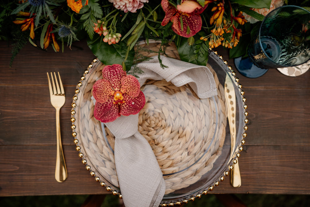 Napkin Knot Orchid Place Setting Decor Orange Blue Wedding Steph Kiely Photography