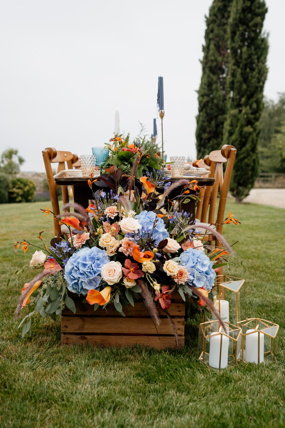 Table Decor Tablescape Candles Flowers Garland Runner Crate Orange Blue Wedding Steph Kiely Photography