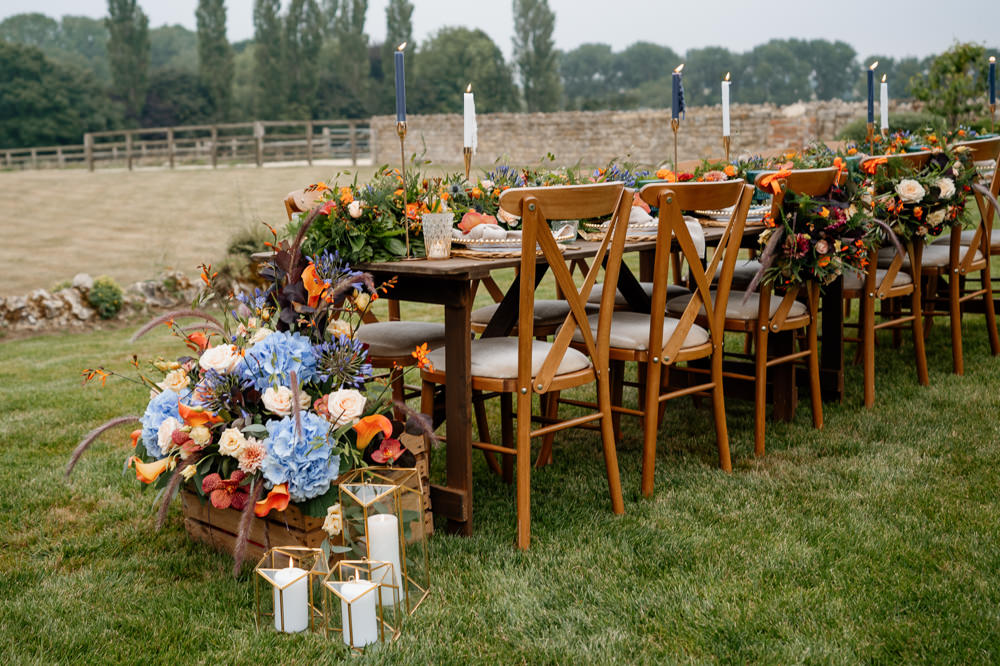 Table Decor Tablescape Candles Flowers Garland Runner Orange Blue Wedding Steph Kiely Photography