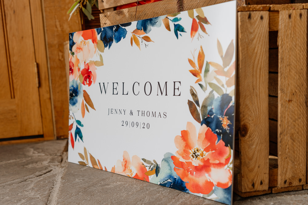 Welcome Sign Painted Flowers Orange Blue Wedding Steph Kiely Photography