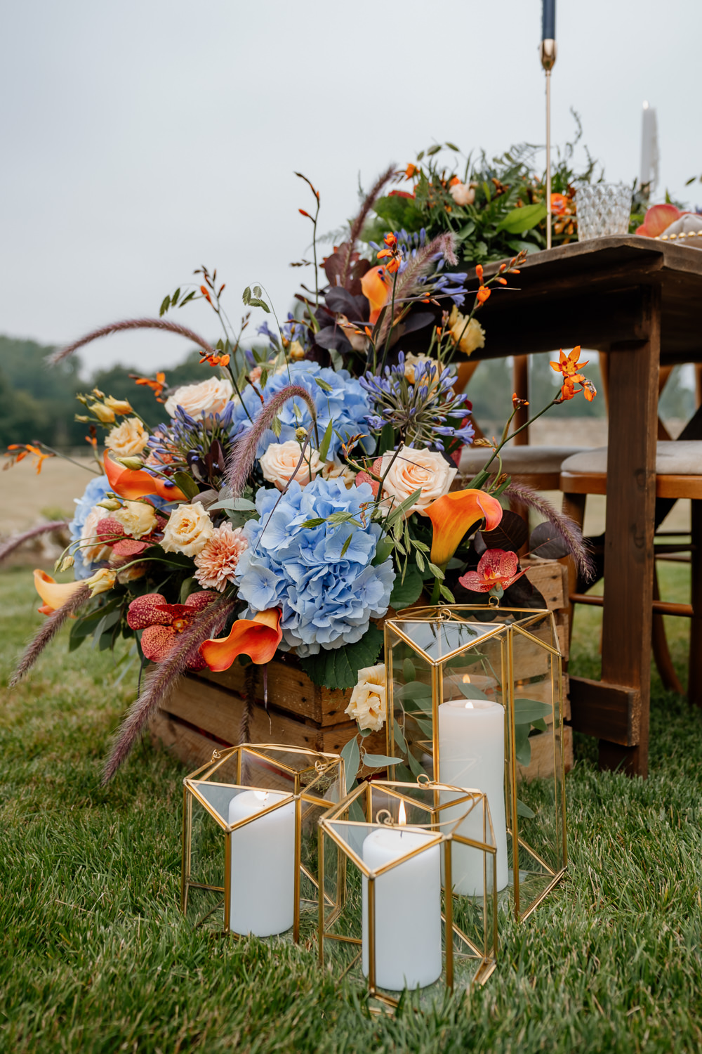 Crate Flowers Decor Candles Orange Blue Wedding Steph Kiely Photography