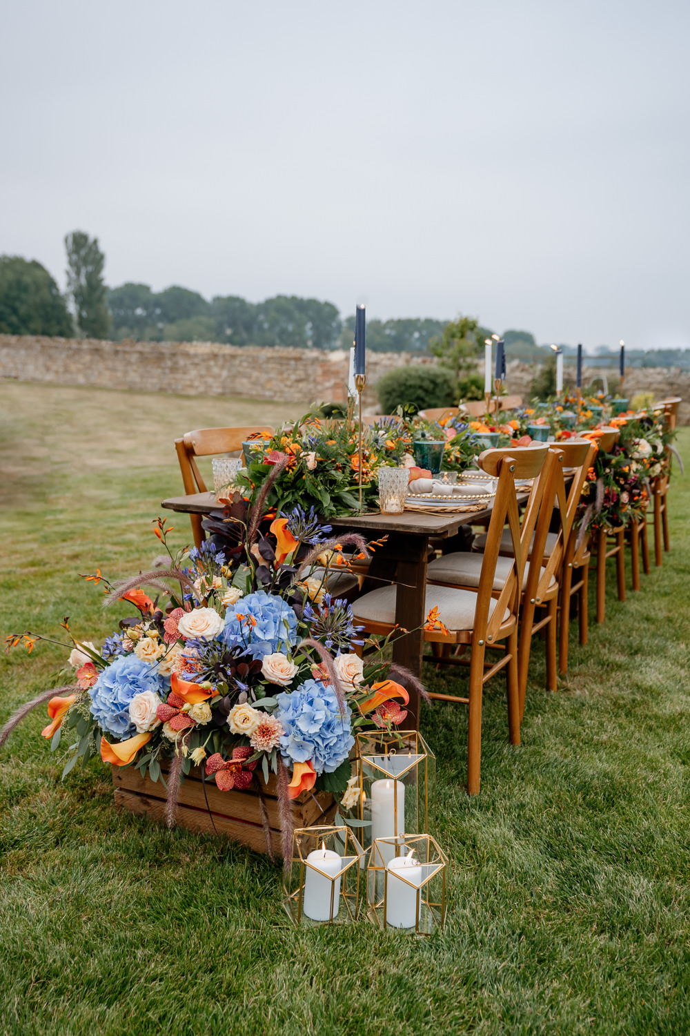 Table Decor Tablescape Candles Flowers Garland Runner Orange Blue Wedding Steph Kiely Photography