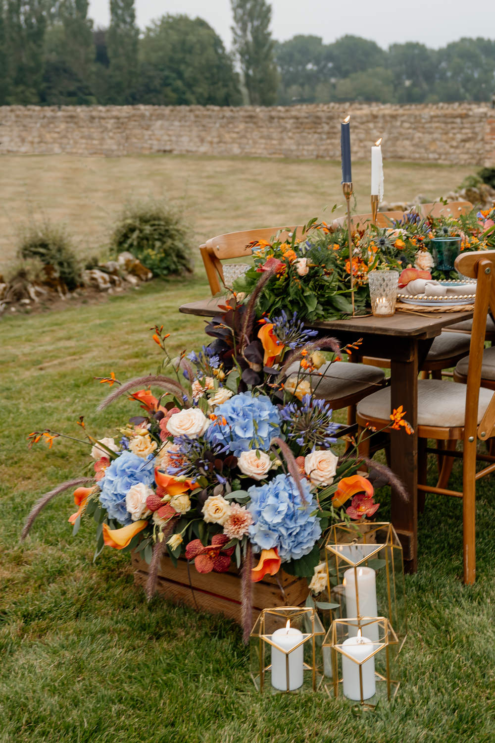Table Decor Tablescape Candles Flowers Garland Runner Orange Blue Wedding Steph Kiely Photography