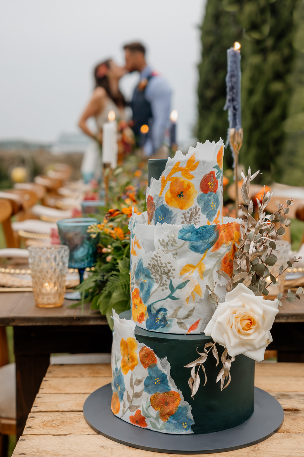Painted Cake Floral Flowers Black Orange Blue Wedding Steph Kiely Photography