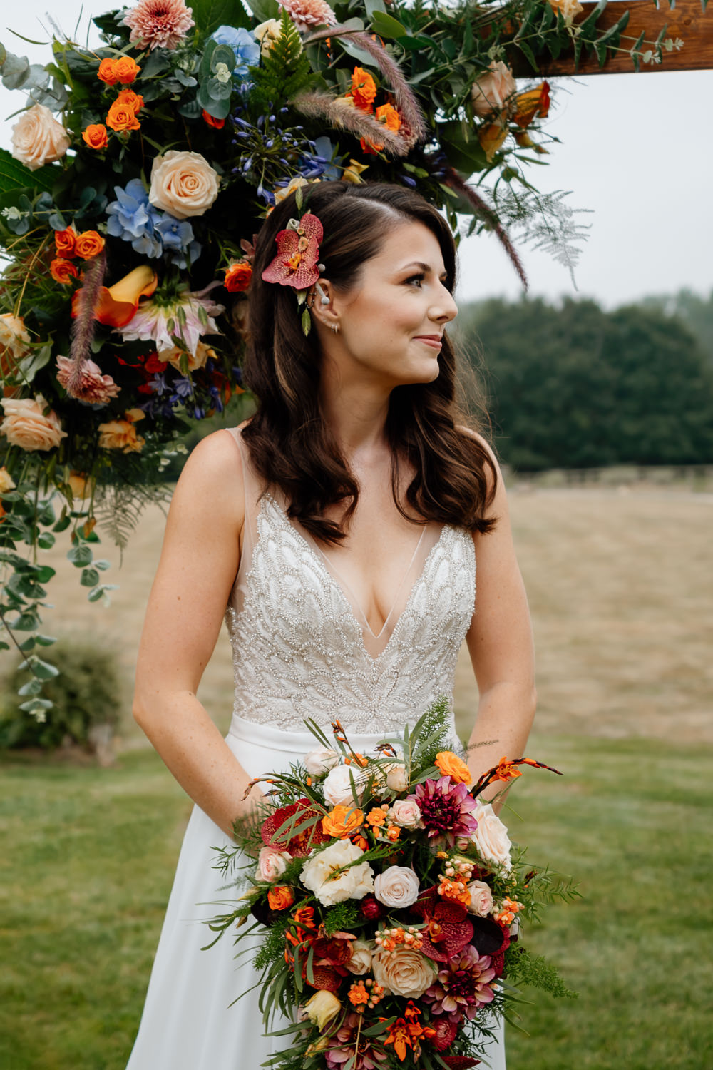 Bride Bridal Dress Gown Justin Alexander Straps Train Orange Blue Wedding Steph Kiely Photography