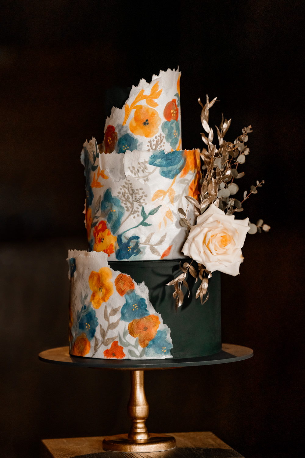 Painted Cake Floral Flowers Black Orange Blue Wedding Steph Kiely Photography