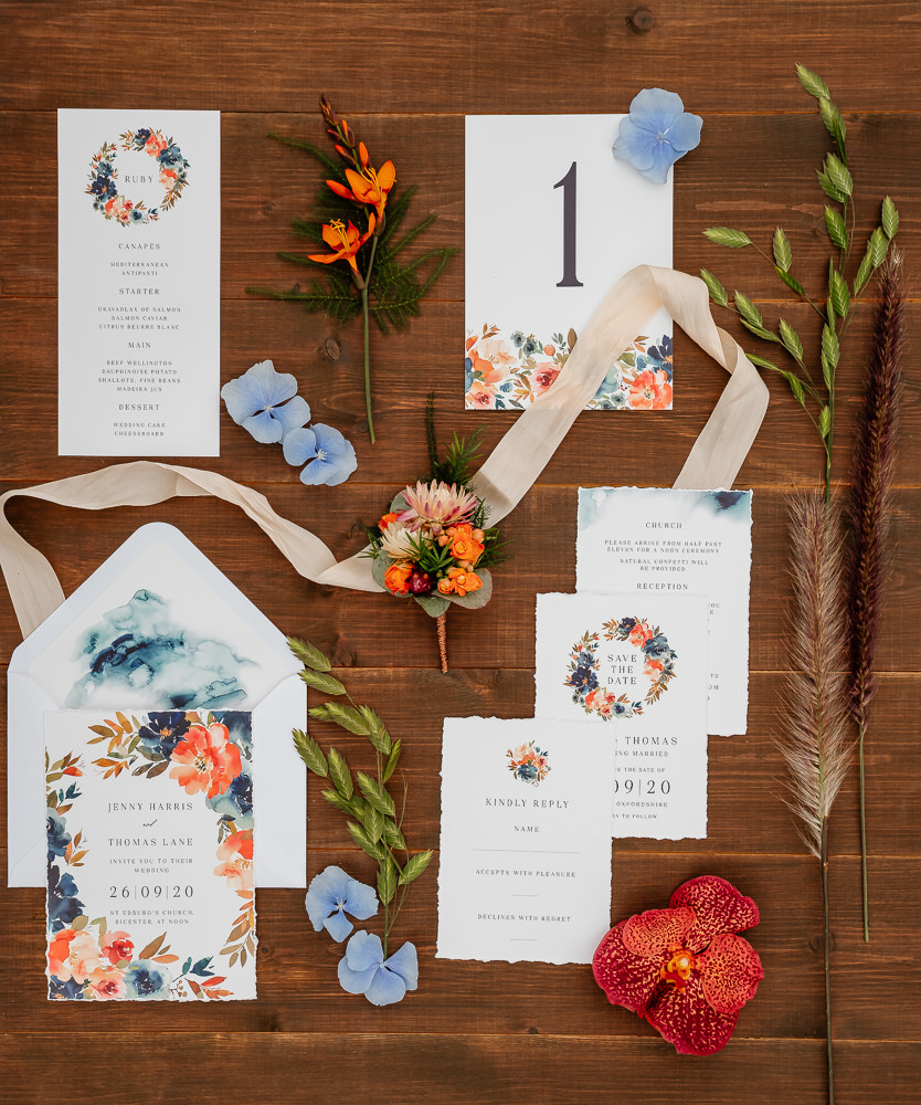 Painted Floral Stationery Invite Invitation Flat Lay Orange Blue Wedding Steph Kiely Photography
