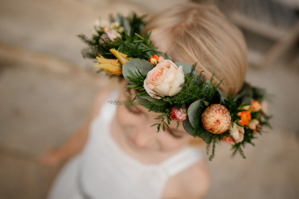 Flower Girl Flower Crown Orange Blue Wedding Steph Kiely Photography