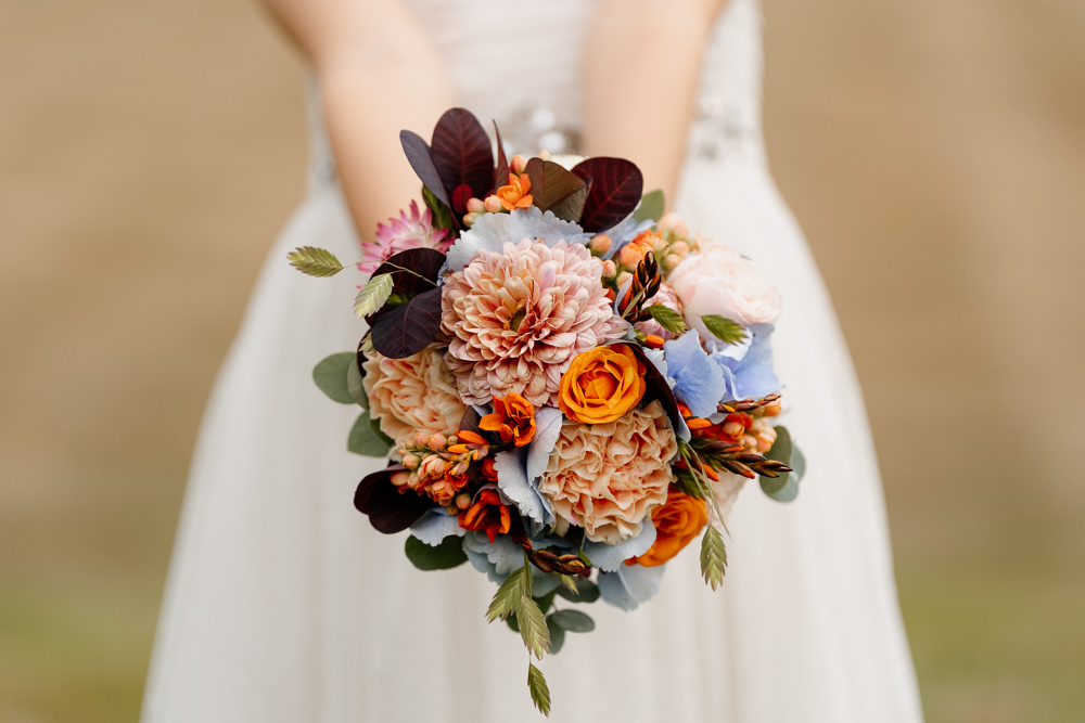 Bouquet Flowers Flower Girl Posy Orange Blue Wedding Steph Kiely Photography