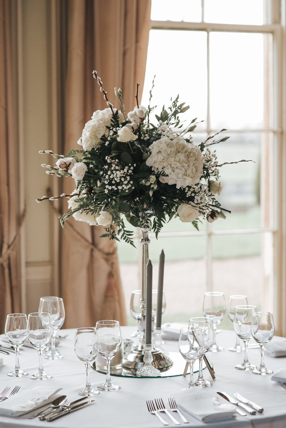 Tall Flowers Centrepiece White Greenery Prestwold Hall Wedding Pear & Bear Photography